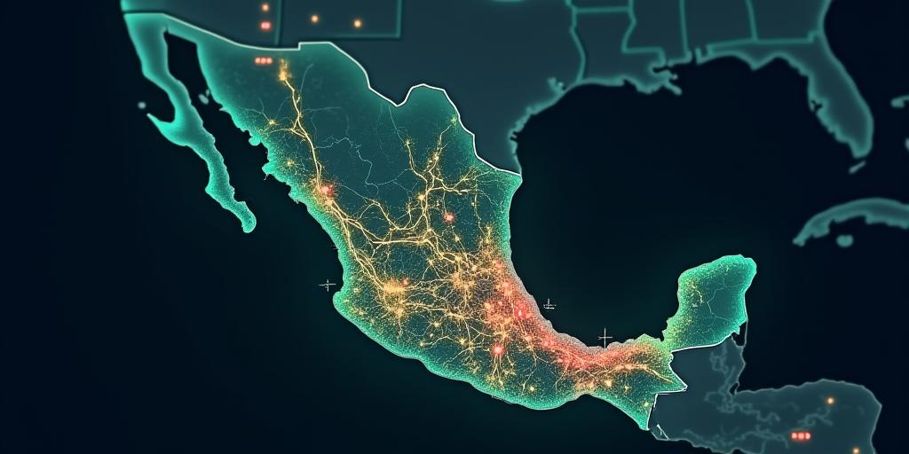 Mapa de México con rutas y puntos de peaje destacados y con tráfico simulado.